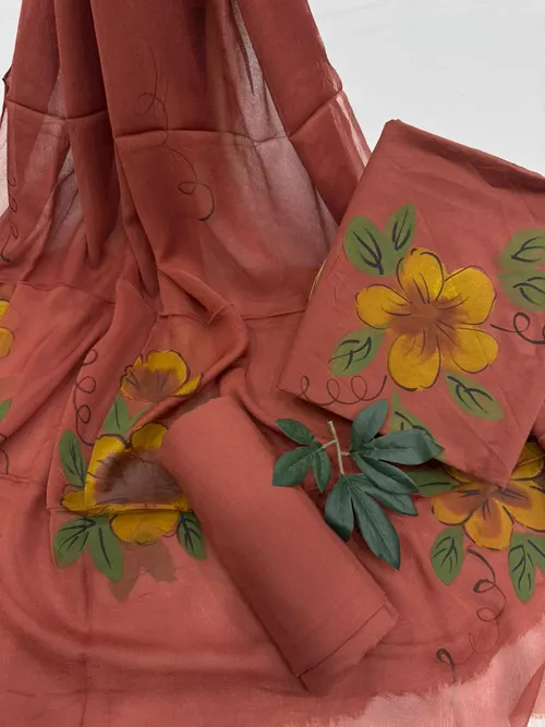 Elegant Hand-Painted Cotton Suit Set with Lightweight Chiffon Dupatta
